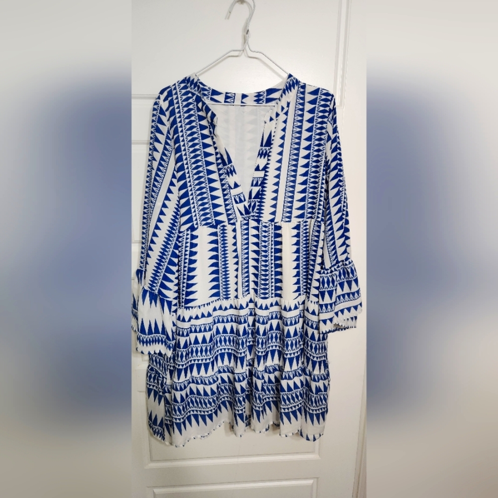 Blue and White Geometric Dress Coverup